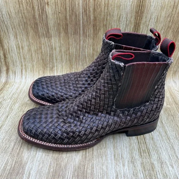 Rock'em Woven Leather Western Chelsea Boots Men's Size 8 Brown Square Toe Shoes